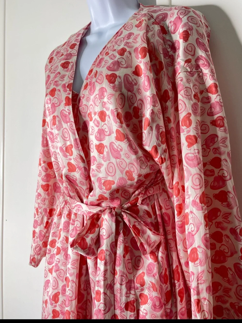 VTG 80s 90s Valentino Intimo Silk 2pc Chemise Robe Set Pink Red Heart Size P